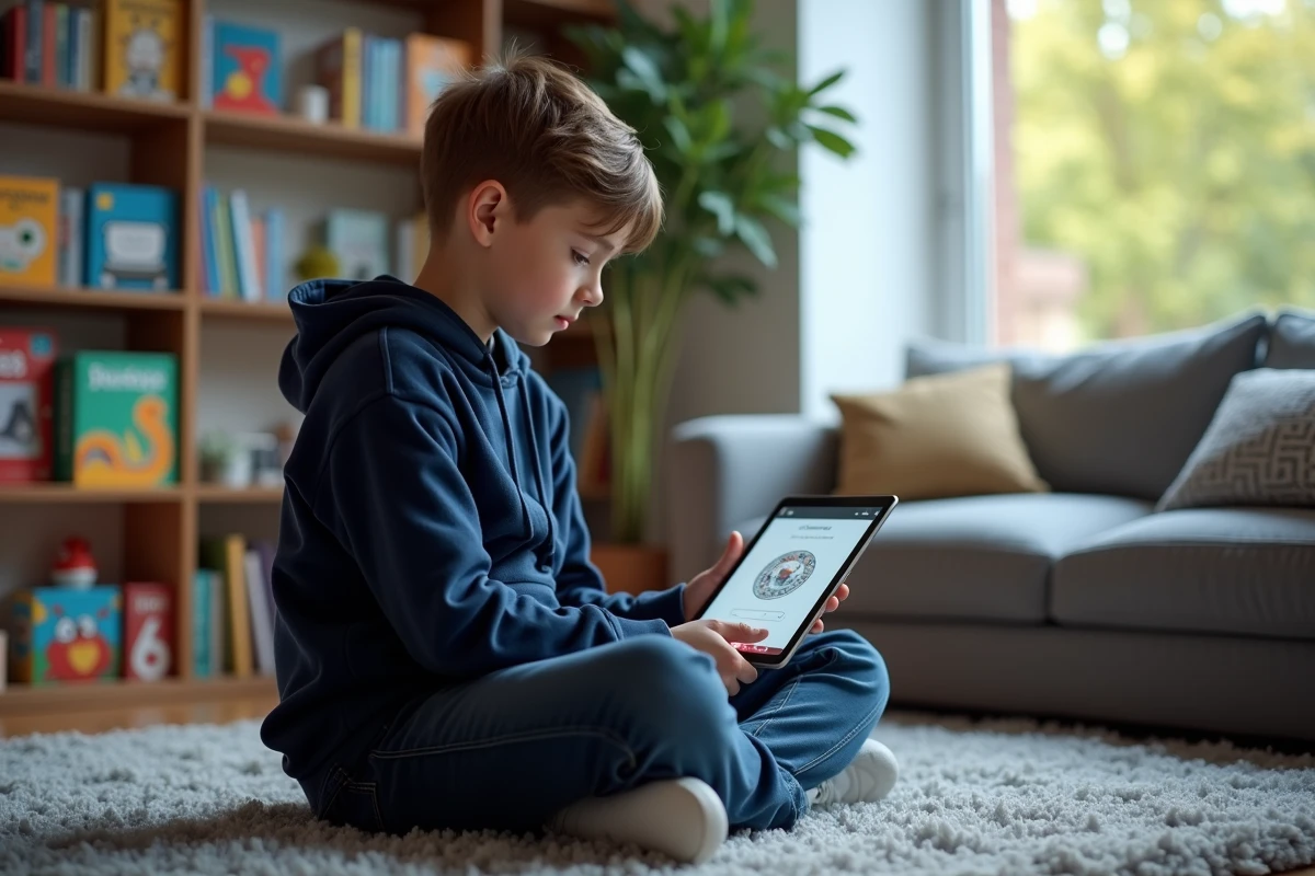 Adolescent jouant au jeu Google Year of the Snake sur une tablette dans le salon