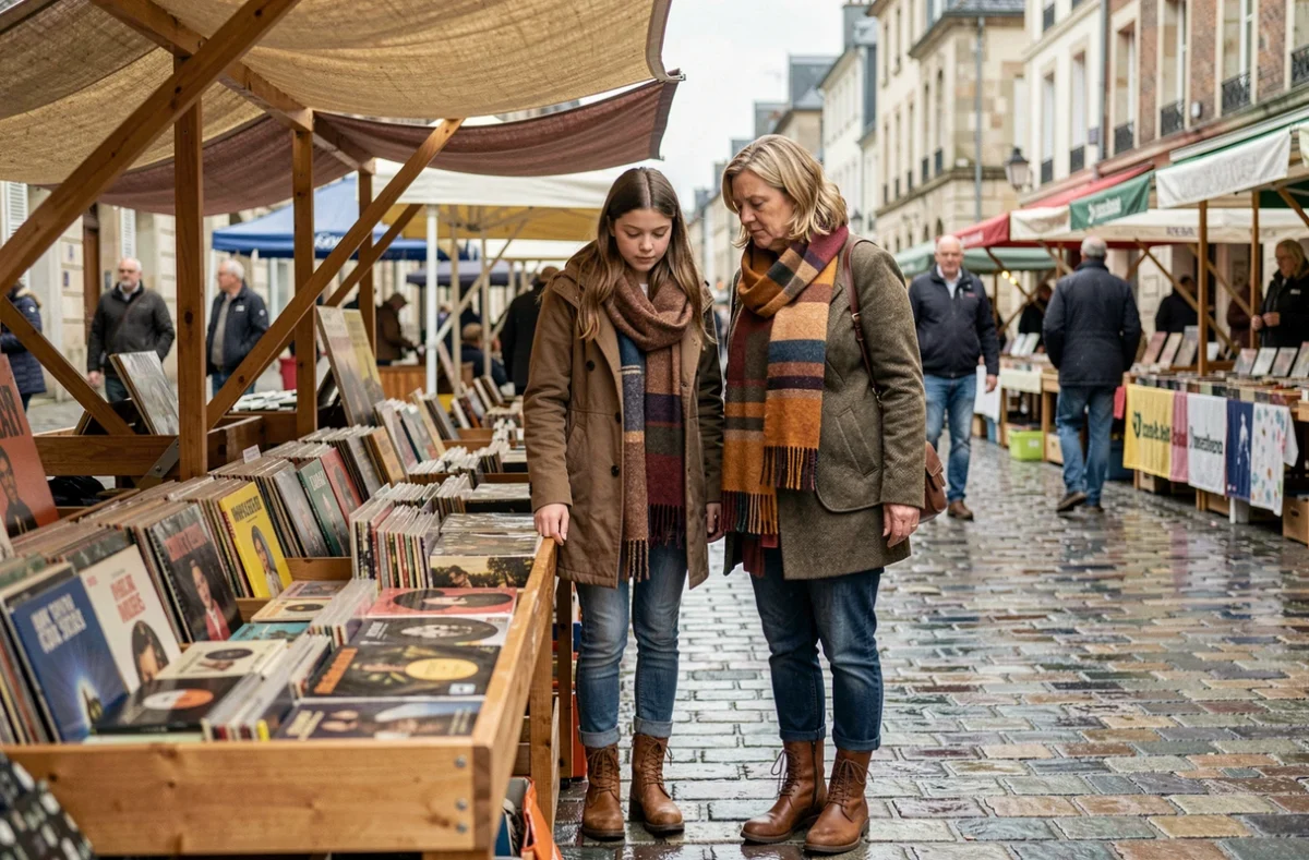 Adolescente et sa mère découvrant un marché aux puces animé dans le centre-ville de Poitiers pendant le week-end