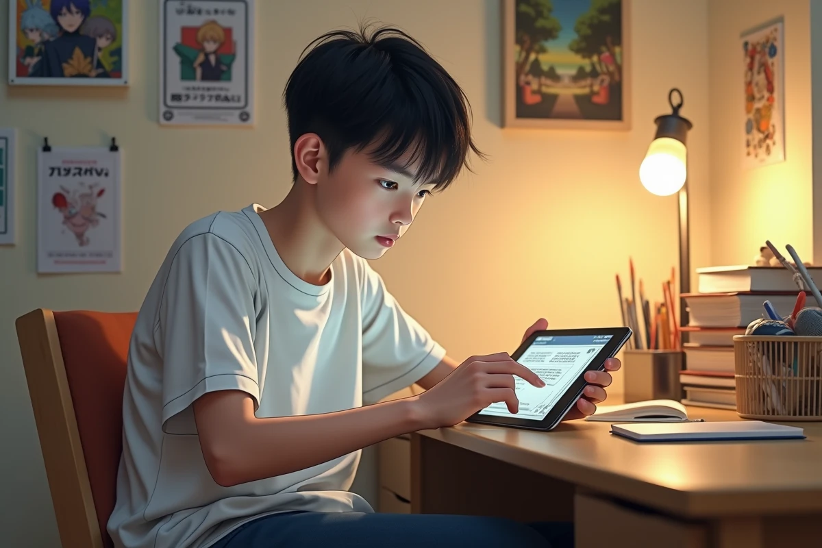 Adolescent découvrant la lecture de mangas numériques sur tablette dans sa chambre