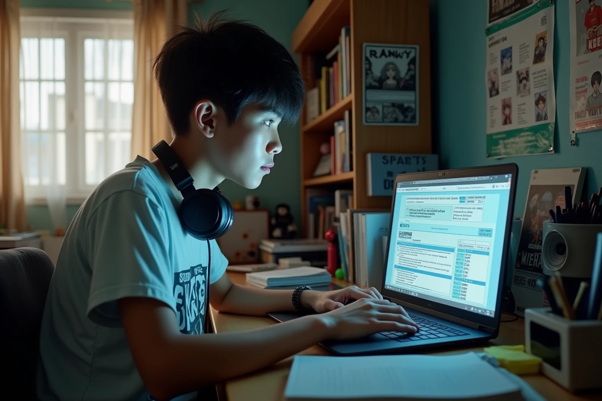 Adolescent recherchant un scan manga rare sur un ordinateur portable dans sa chambre