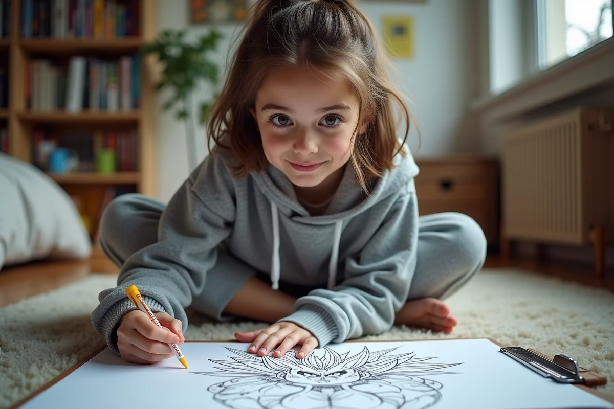 Adolescente coloriant un dessin Super Sayen Dragon Ball Z sur le sol de sa chambre avec des marqueurs