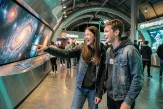 Groupe d'adolescents s'amusant au Futuroscope près de Poitiers, découvrant les expositions futuristes pendant le week-end