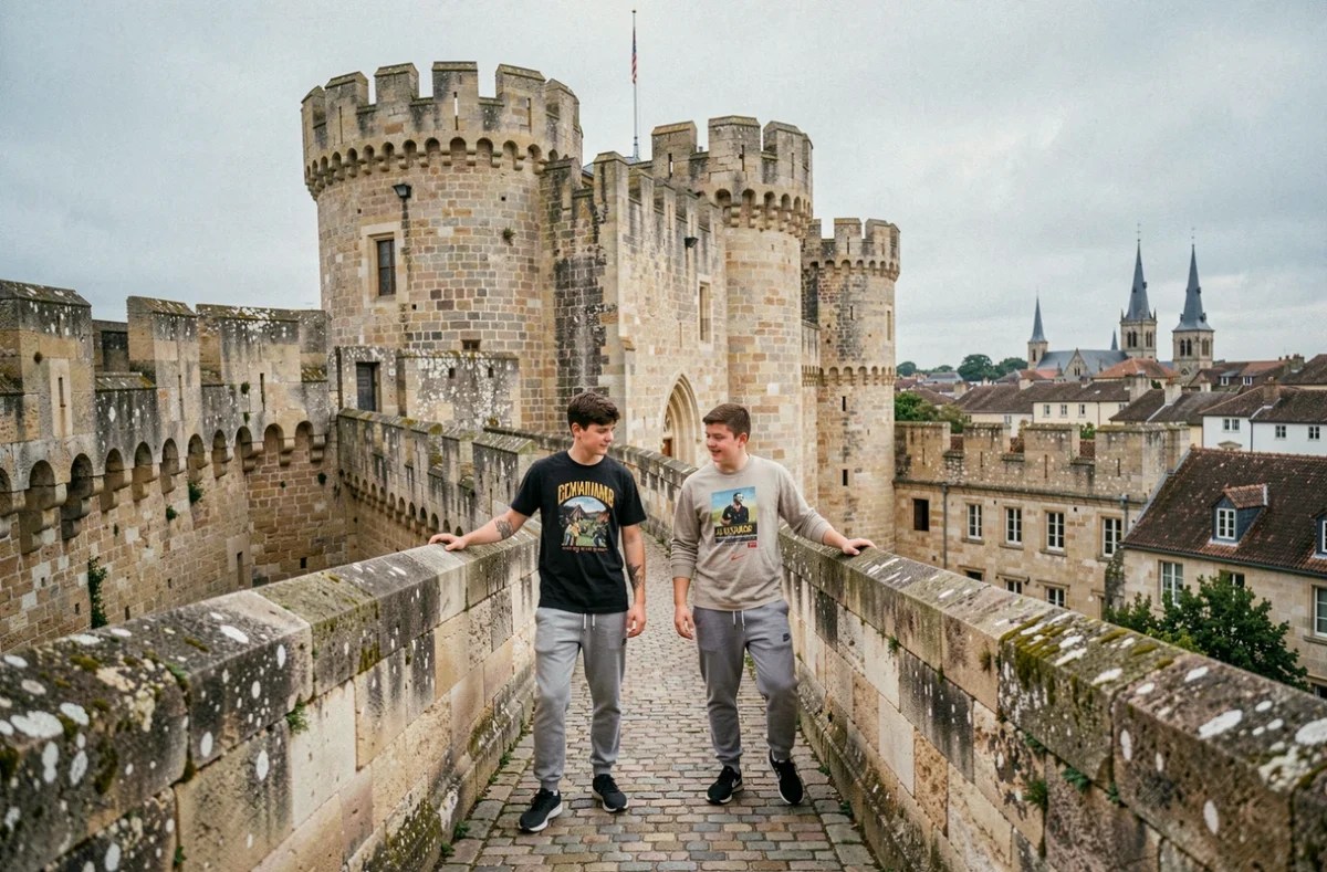 Deux adolescents explorant les remparts médiévaux de la vieille ville de Poitiers lors d'une sortie en week-end