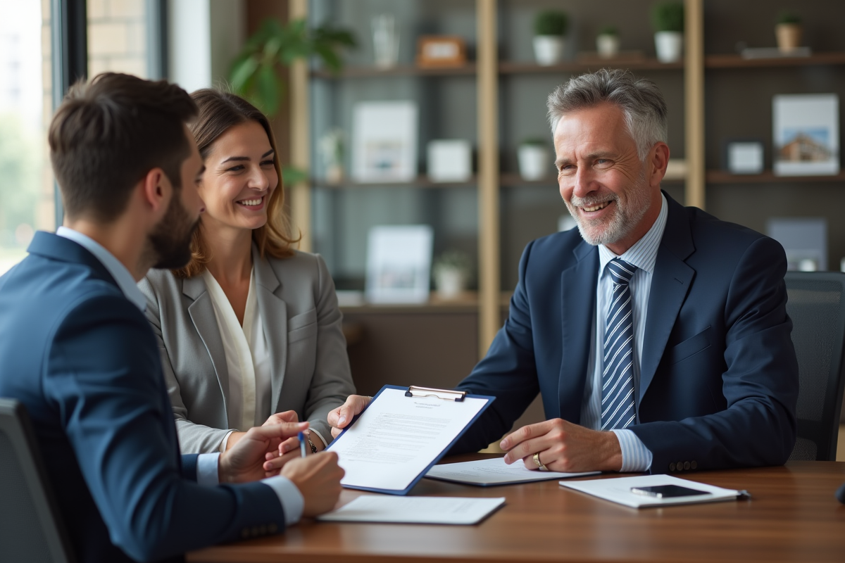 Agent immobilier en costume avec couple dans bureau lumineux