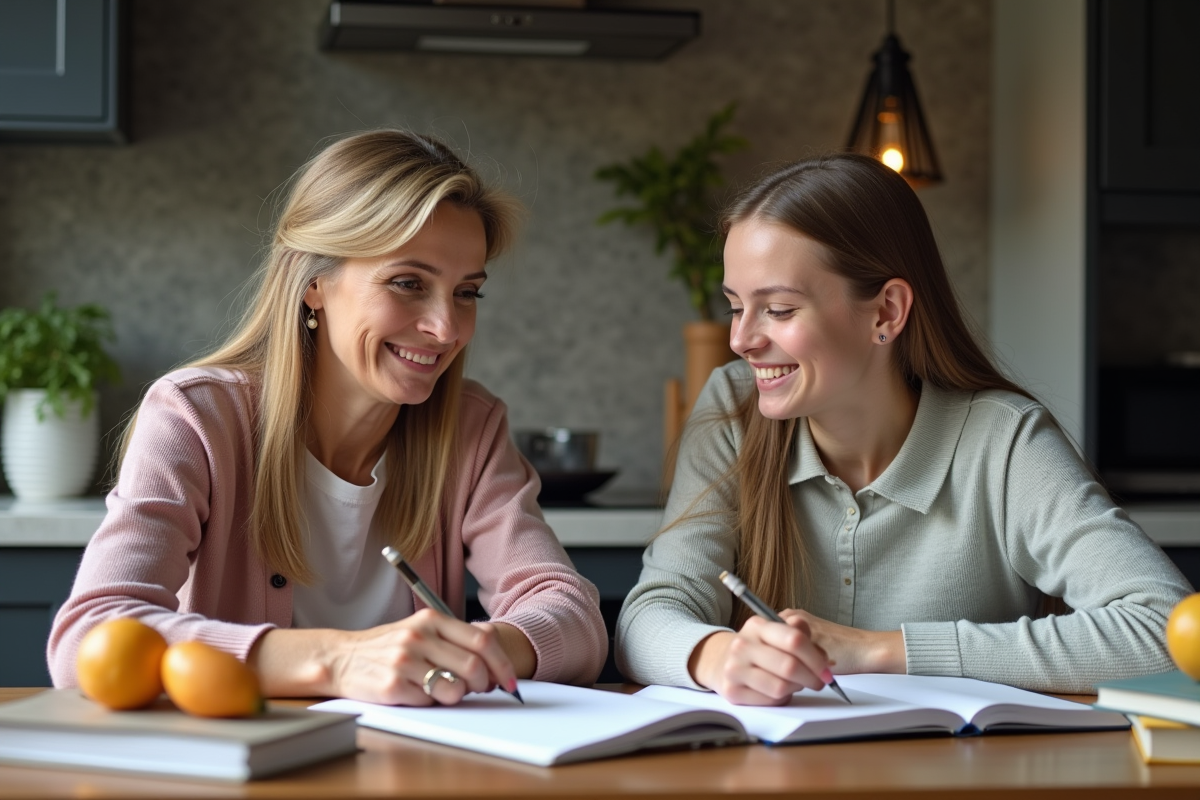 Belle mère aidant sa fille adolescente à faire ses devoirs à la cuisine