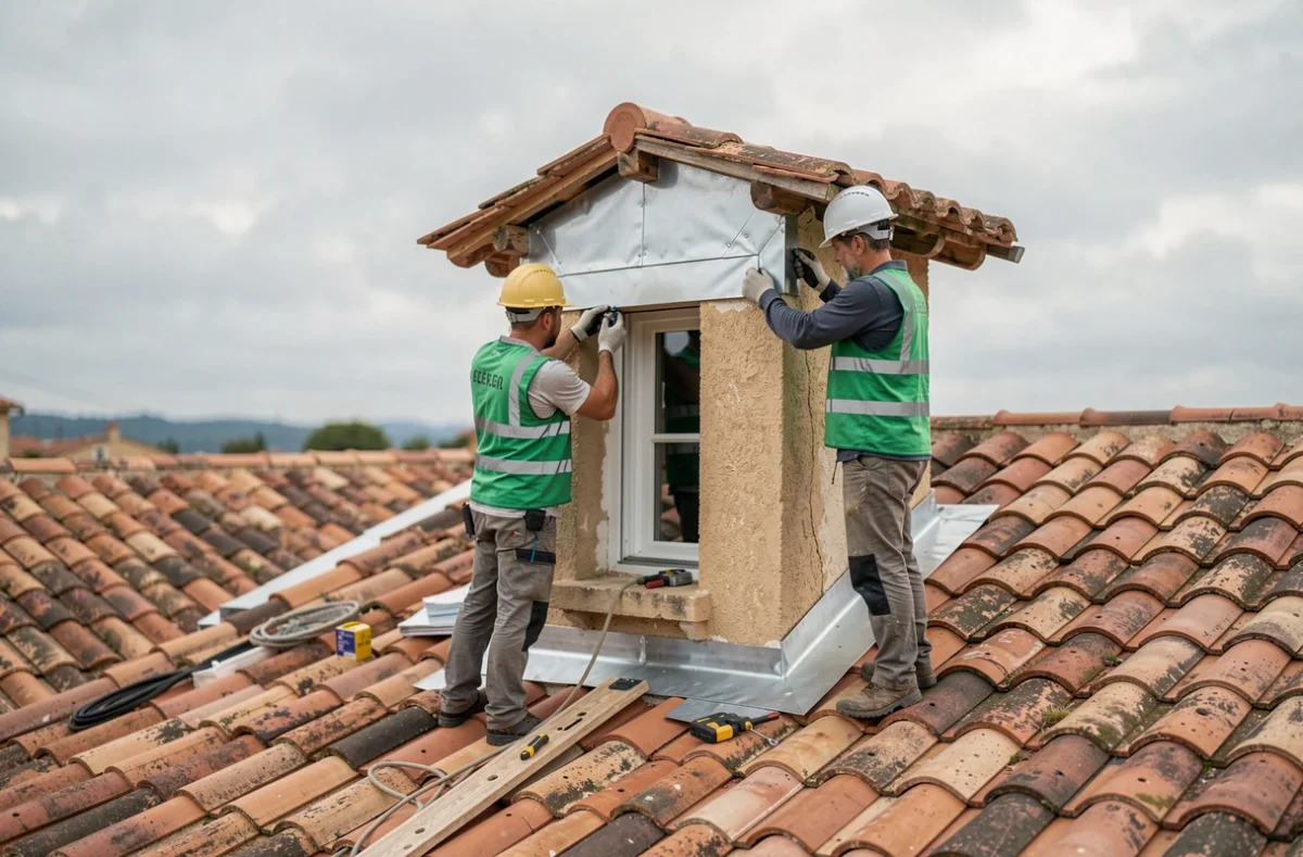 Équipe A.J Toit installant un solin en zinc autour d'une lucarne sur une villa de la Côte d'Azur