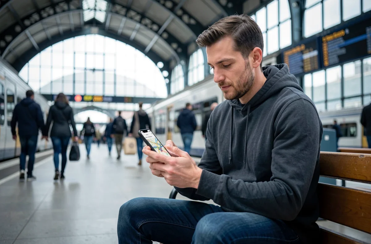 Homme consultant une application de plan RER Île-de-France sur smartphone dans une gare moderne
