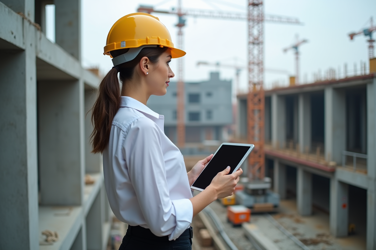 Jeune architecte femme sur un chantier actif