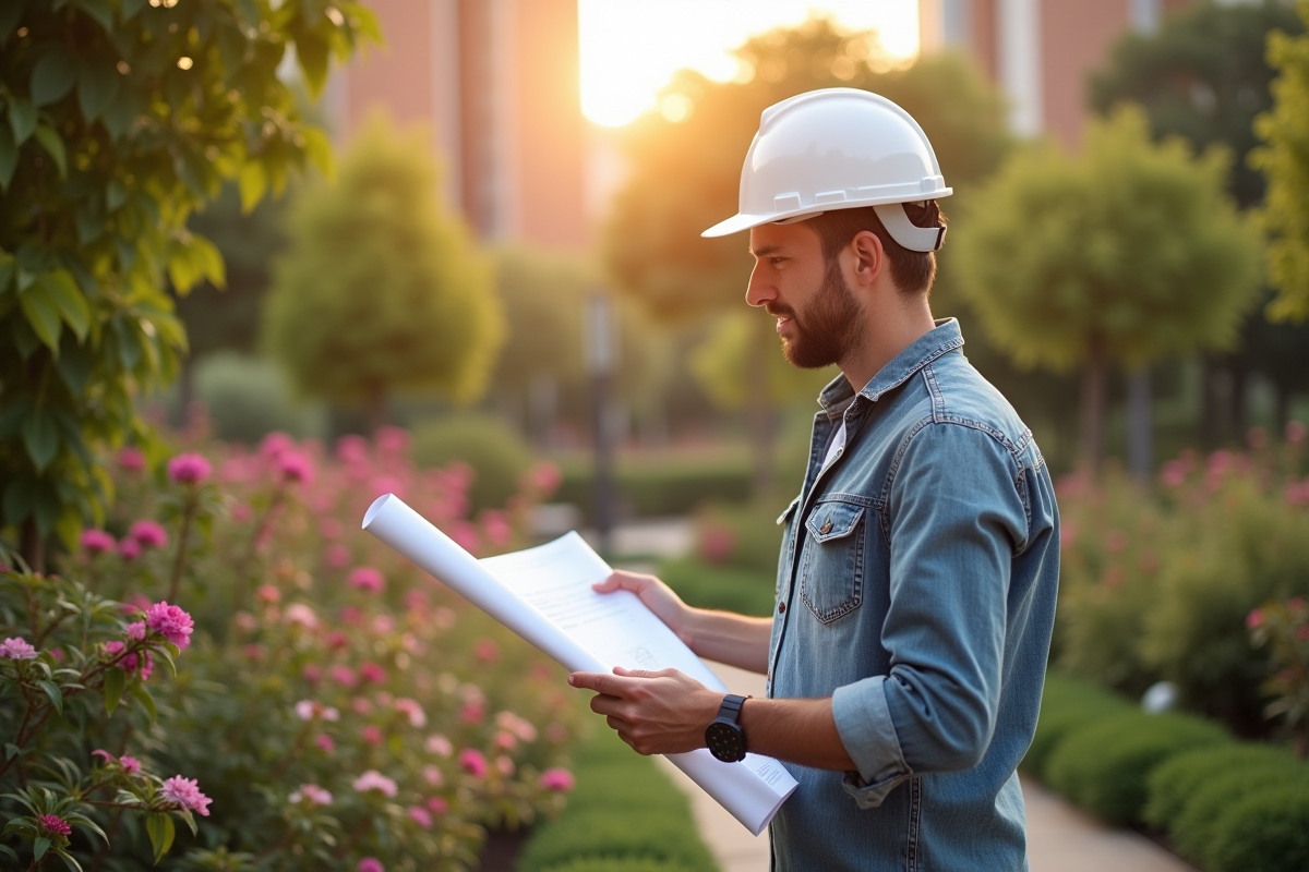 Paysagiste examinant des plans dans un jardin urbain fleuri
