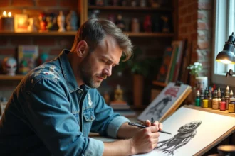 Un artiste de bande dessinée esquissant un personnage de super-vilain caméléon pour un comic book Marvel dans son studio créatif