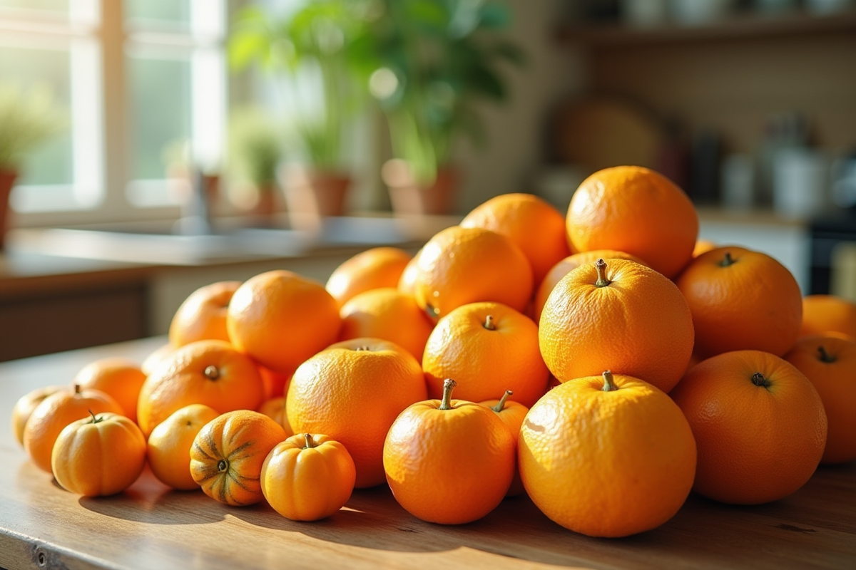 Assortiment de fruits exotiques oranges et pommes sur une table