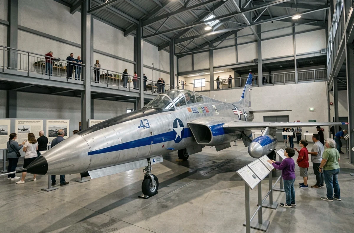 Avion de chasse de la Guerre Froide restauré exposé dans un musée de l'aviation avec des visiteurs en arrière-plan