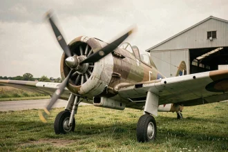 Avion de chasse de la Seconde Guerre mondiale avec hélice et fuselage vieilli sur une piste en herbe