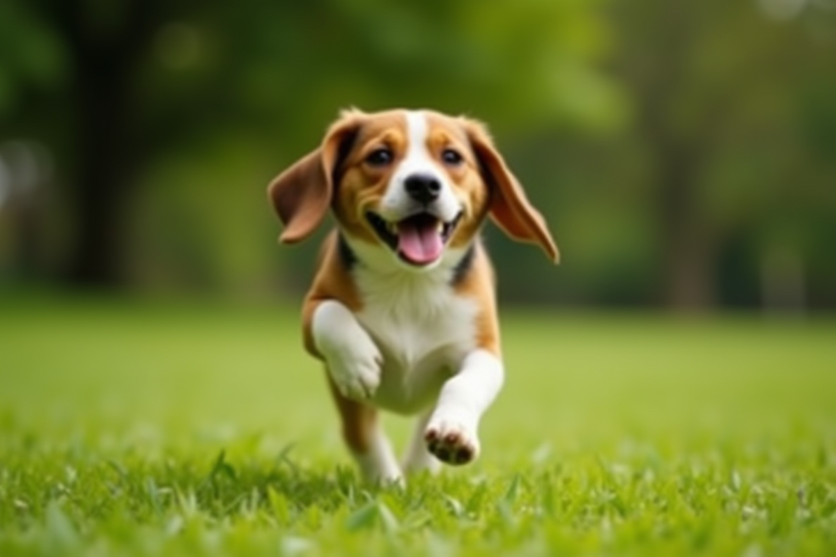 Beagle courant dans un parc en plein air ensoleille