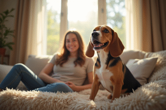 Beagle assis dans un salon lumineux avec un adulte souriant