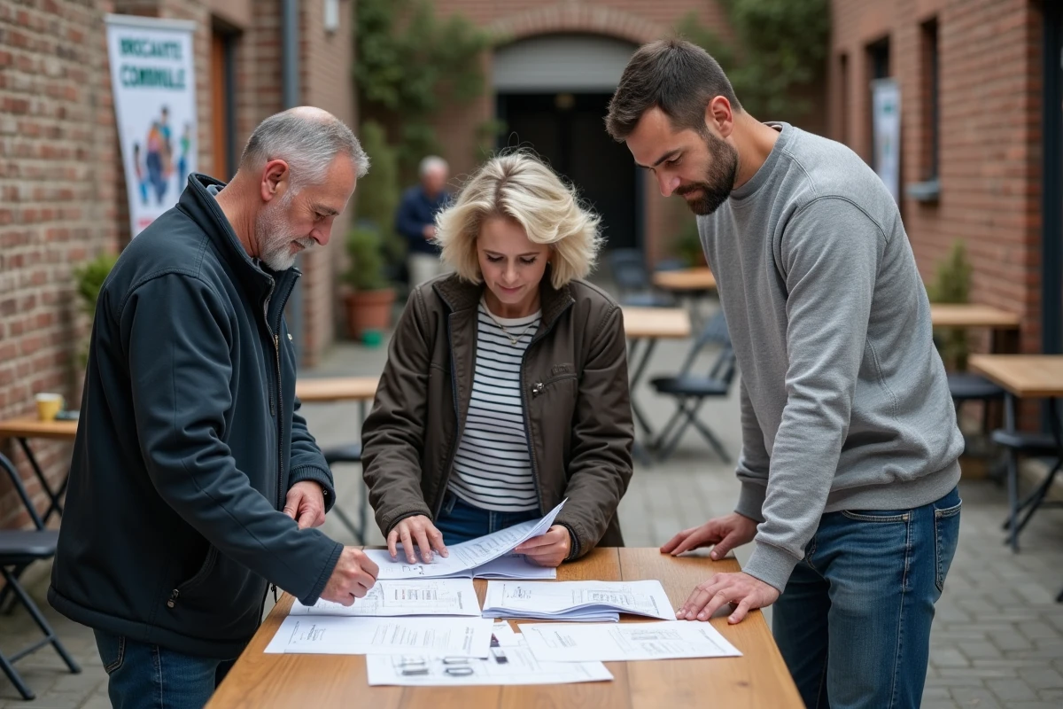 Groupe de bénévoles organisant une brocante dans une commune du 62 autour d'une table avec des documents
