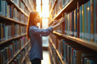 Bibliothecaire arrangeant des livres colorés dans une bibliothèque lumineuse