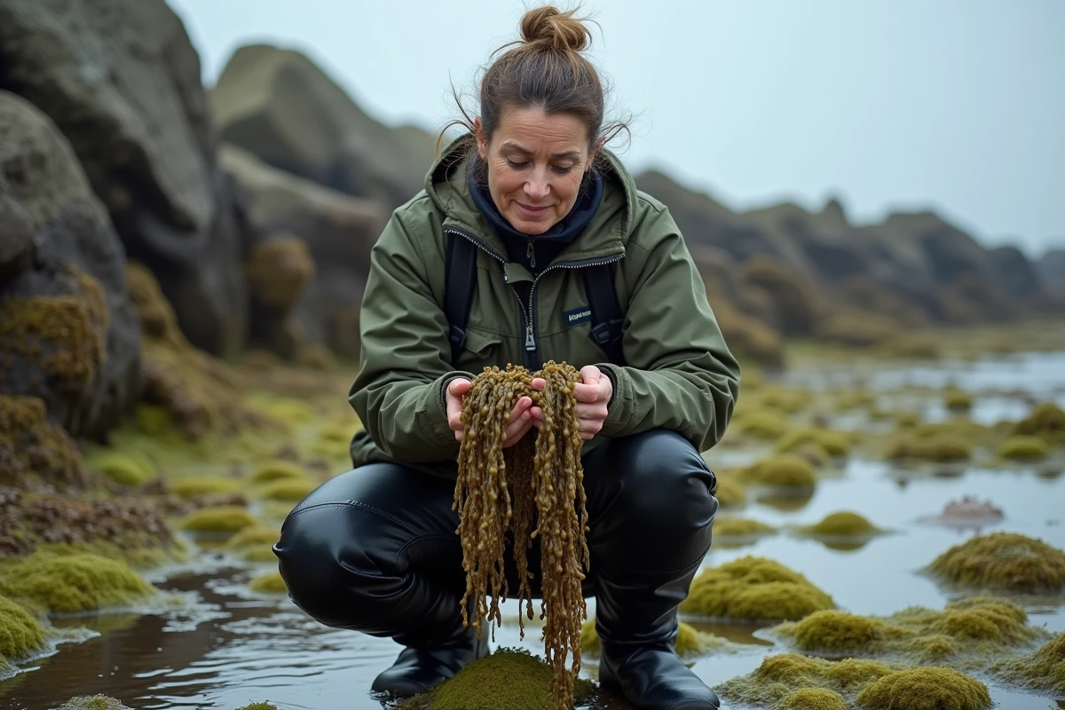 Biologiste marine examinant du goémon et des algues sur l'estran breton lors d'une étude de terrain