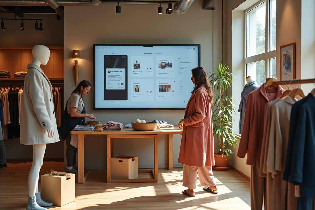 Magasin de vêtements avec mannequins et commandes en ligne