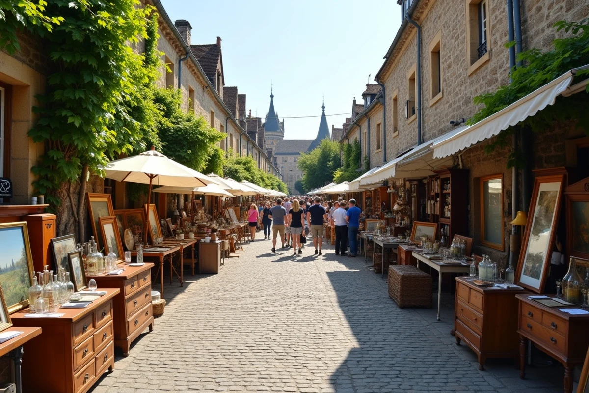 Vue panoramique d'une brocante animée dans une rue pavée d'un village typique des Yvelines