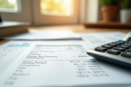 Fiche de paie ouverte avec calculatrice sur bureau lumineux