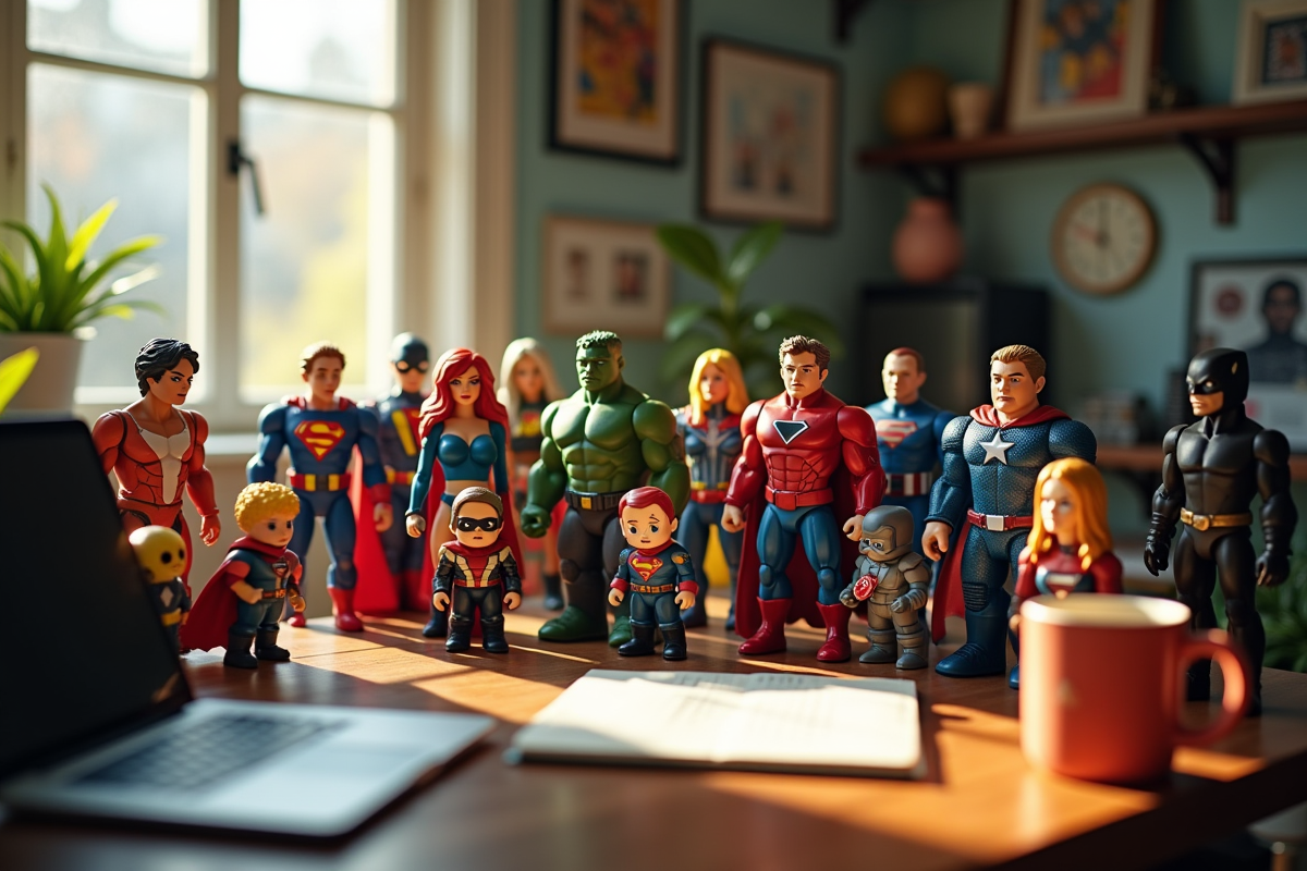 Espace de travail avec figurines et souvenirs de personnages célèbres commençant par C