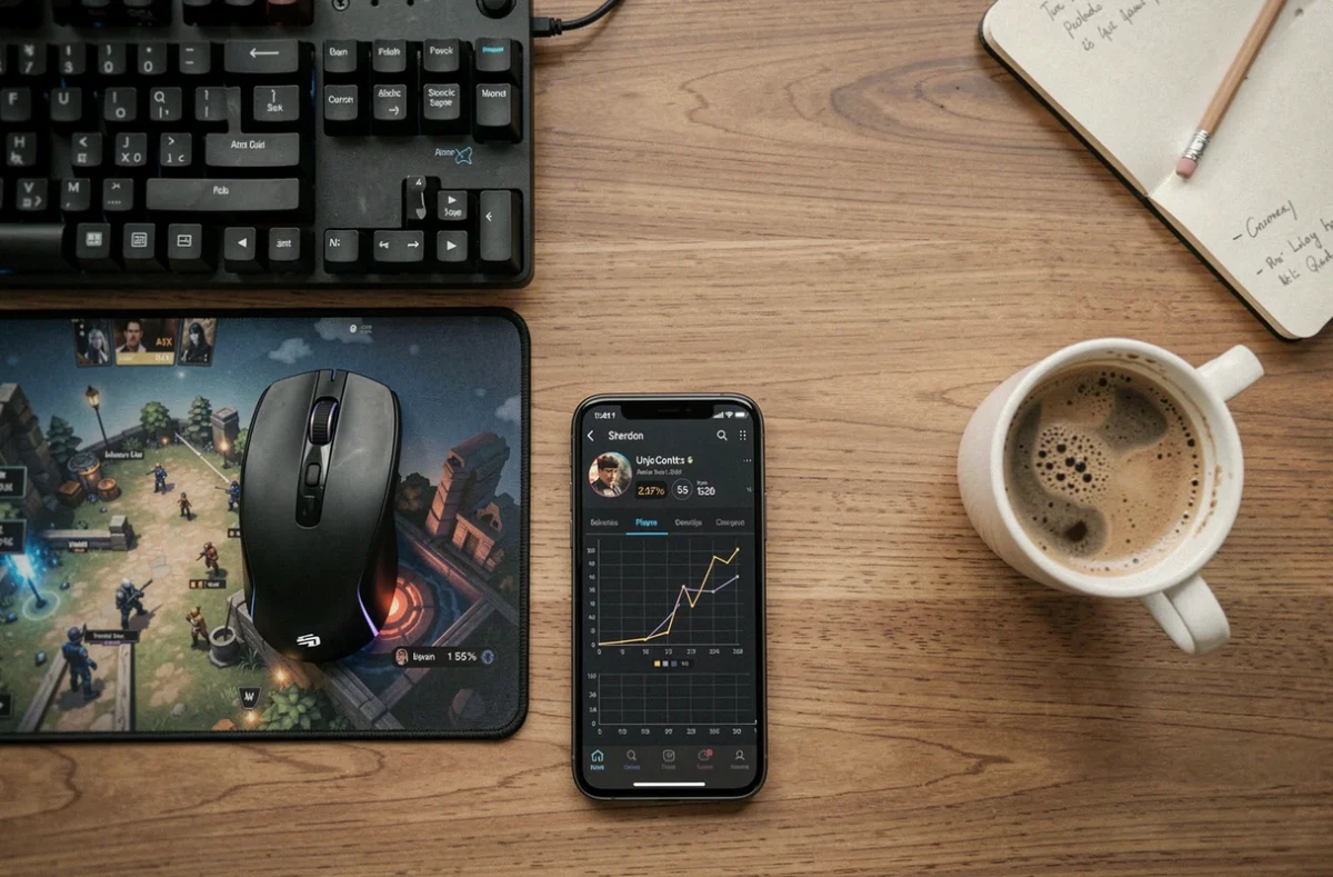 Bureau gaming avec statistiques de joueurs League of Legends affichées sur smartphone en vue du dessus