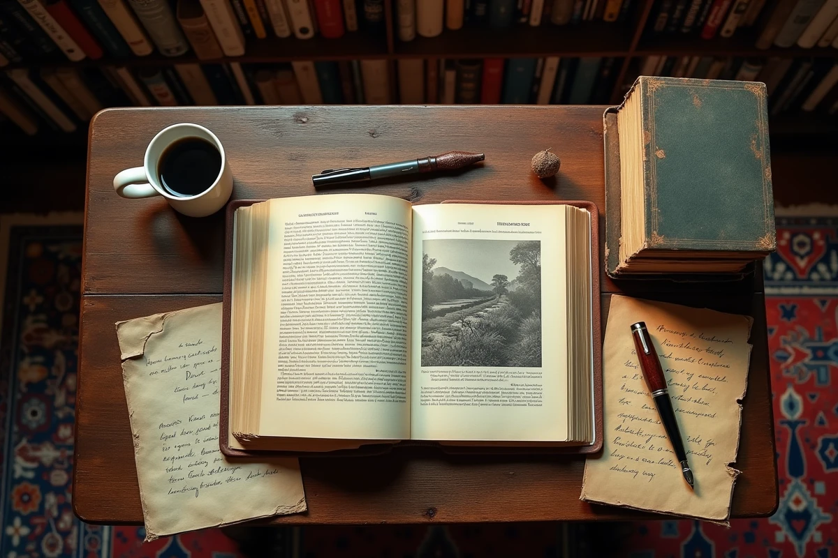Bureau d'étude avec livre de philosophie ouvert sur l'œuvre de Magritte, notes manuscrites et pipe posée en référence au langage et au signe