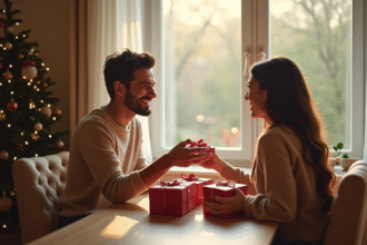 Couple échangeant des cadeaux lors d'un dîner ensoleillé