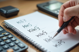 Main tenant une calculatrice et un carnet avec conversions miles en km