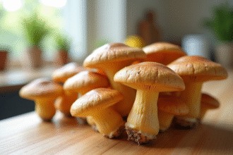 Champignons chanterelle frais sur plan de travail en cuisine