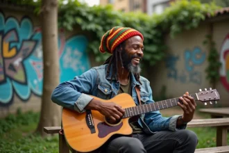 Chanteur reggae avec dreadlocks dans un jardin urbain
