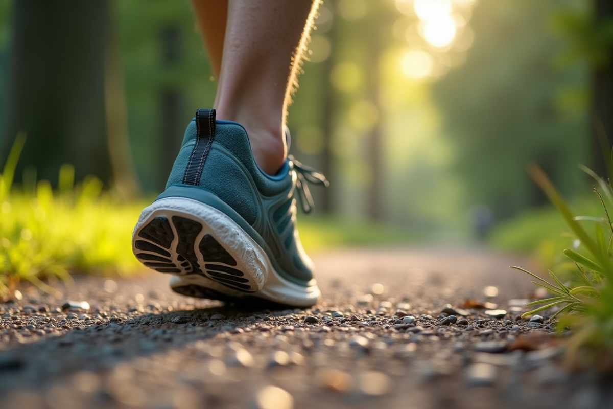 Gros plan sur une chaussure de sport sur un sentier vert