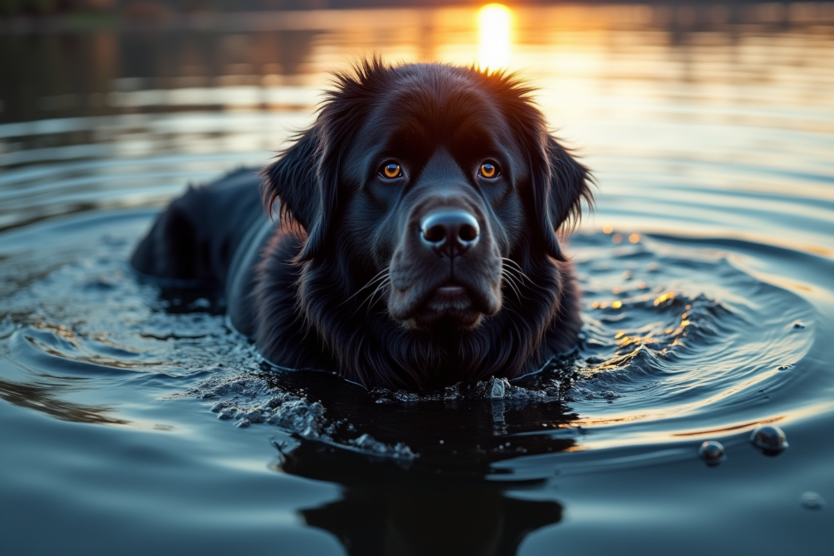 Chien Newfoundland nageant dans un lac bleu au coucher du soleil