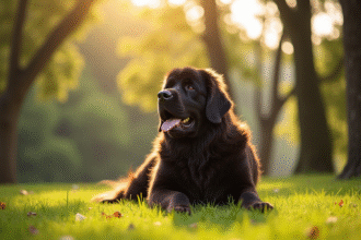 Chien Newfoundland assis dans un parc vert ensoleille