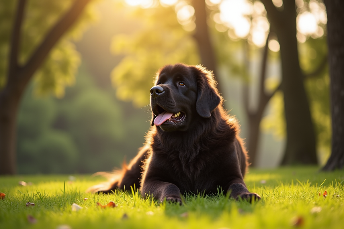 Chien Newfoundland assis dans un parc vert ensoleille