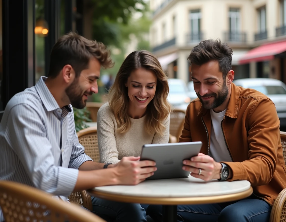 Groupe de citoyens français discutant des résultats d'un quiz d'orientation politique républicaine autour d'une tablette dans un café parisien