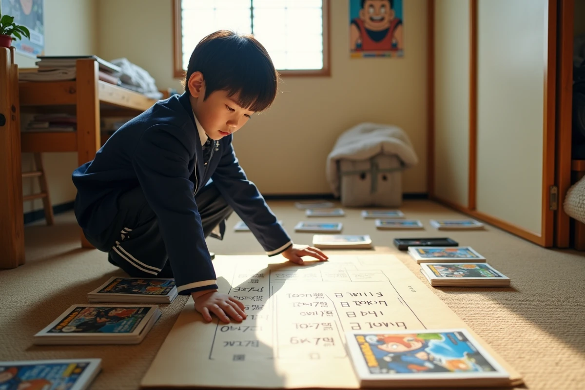 Adolescent classant les tomes de Dragon Ball par ordre chronologique sur le sol de sa chambre