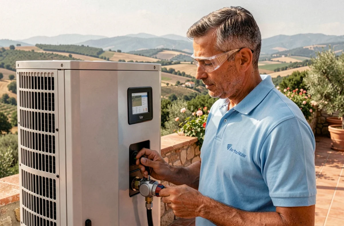 Spécialiste de Climat Var Énergie calibrant une pompe à chaleur sur une terrasse avec vue sur la campagne varoise