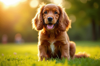 Chien cocker spaniel dans un parc ensoleille lors d'une golden hour