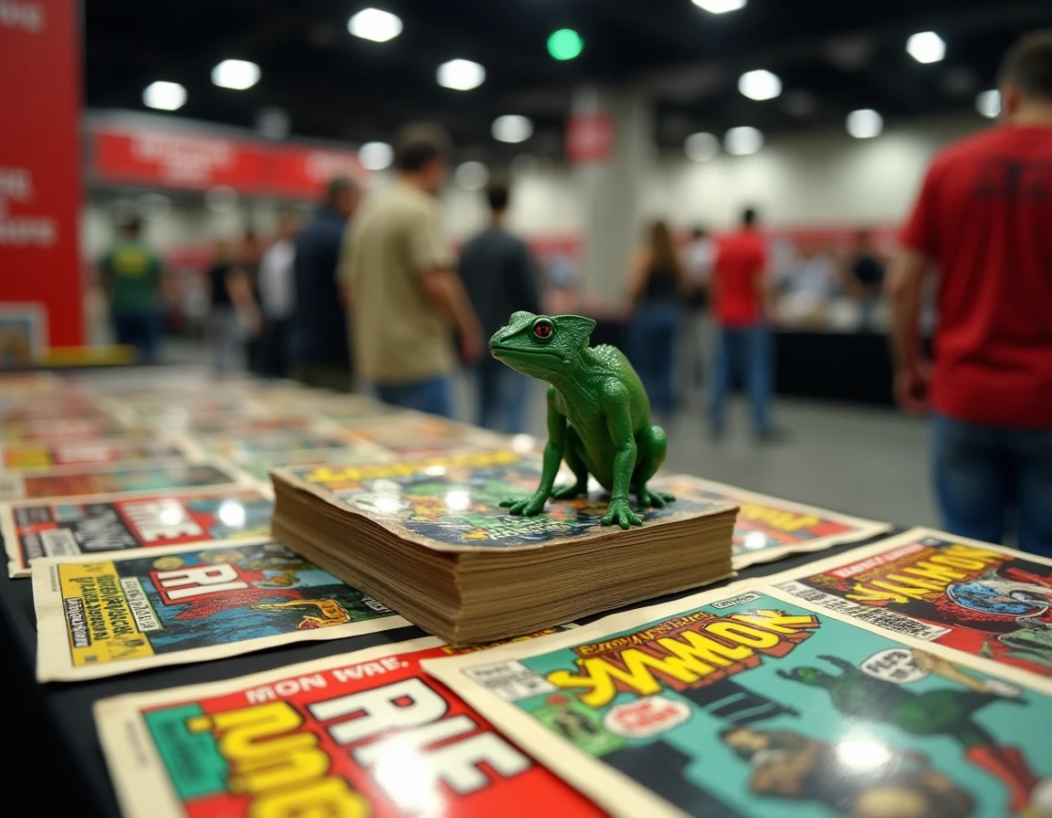 Collection de comics Marvel et figurine du vilain Caméléon exposés sur une table de convention de bande dessinée