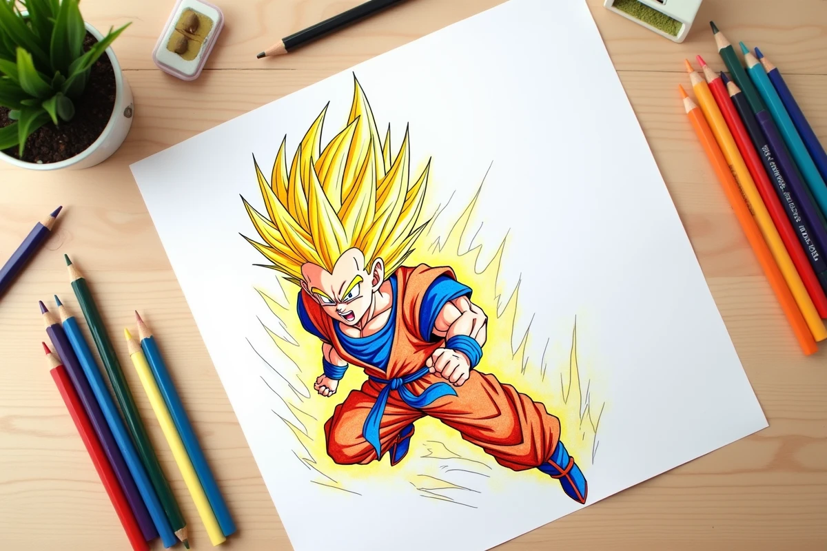 Vue de dessus d'une page de coloriage Dragon Ball Z Super Sayen entourée de crayons et marqueurs colorés