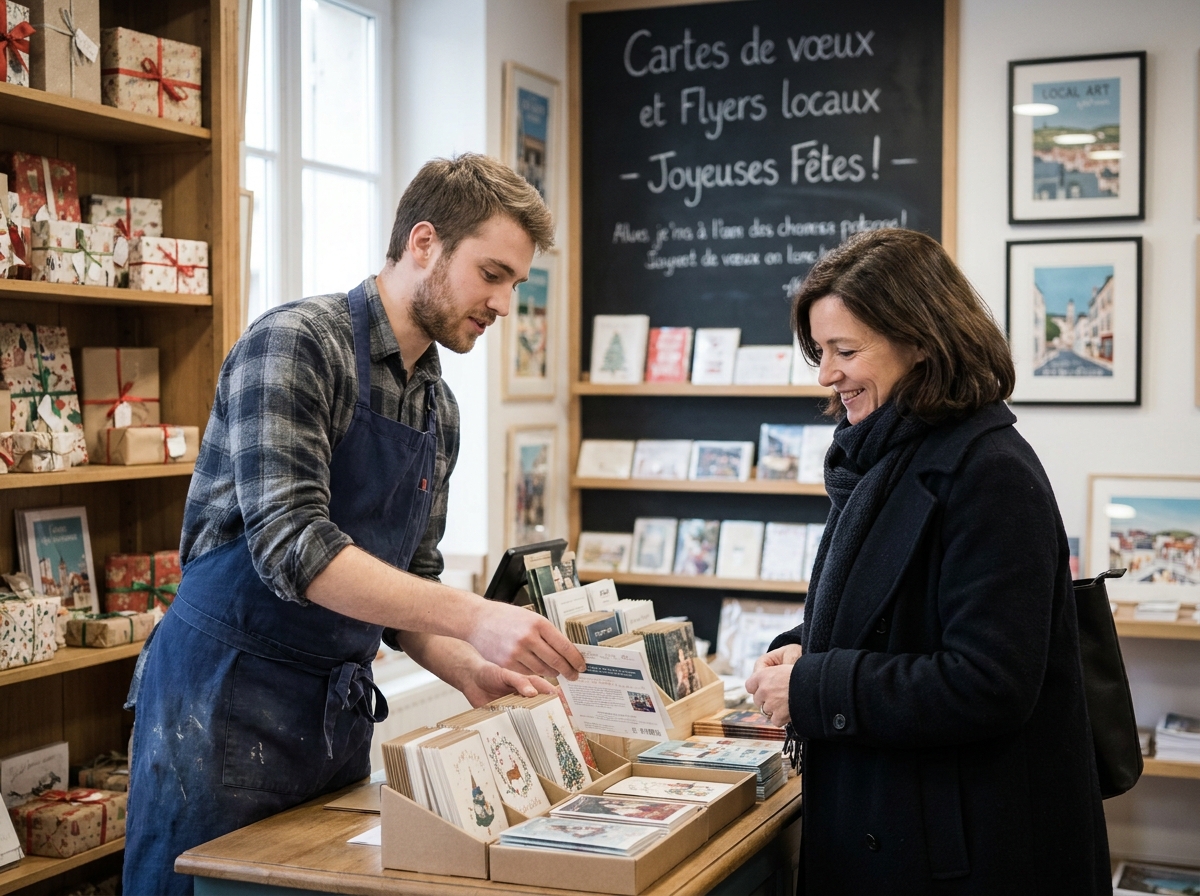 Jeune commerçant présentant des flyers et cartes de vœux à une cliente dans une papeterie de l'Oise