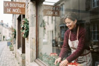 Commerçante arrangeant la vitrine festive de sa boutique à l'approche des fêtes dans une ville de l'Oise