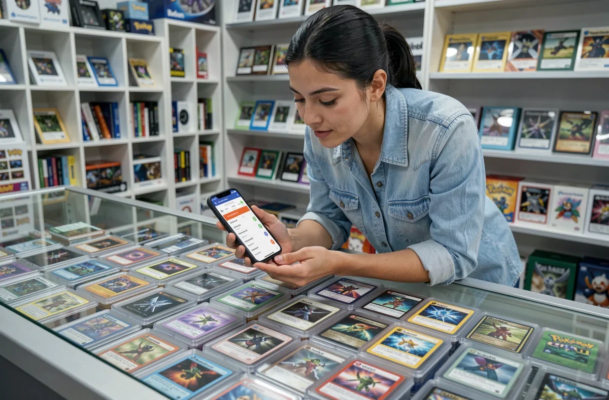 Femme comparant les prix de cartes Pokémon sur smartphone dans une boutique de collection spécialisée