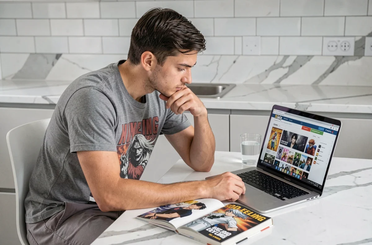 Homme comparant un site de lecture de manga Solo Leveling sur ordinateur portable avec un volume papier posé sur une table de cuisine moderne