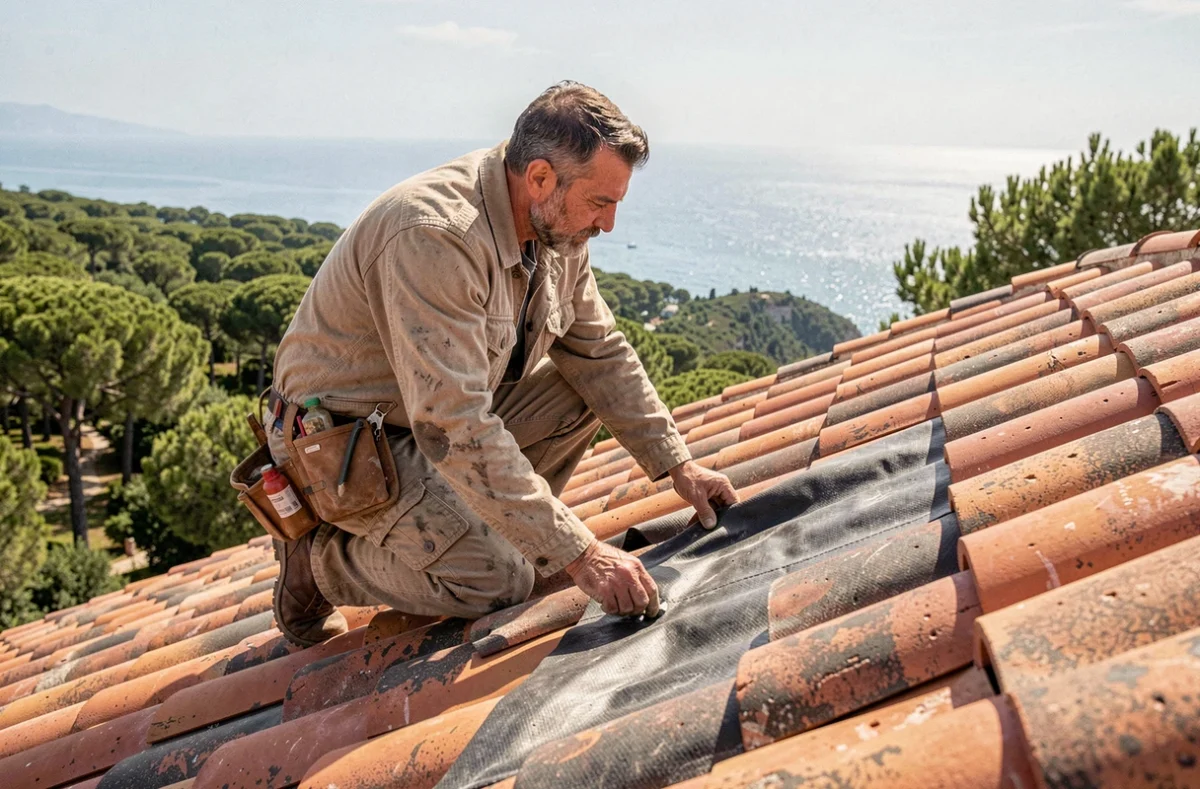 Couvreur Côté Toit appliquant une membrane étanche sous les tuiles d'un toit dans les collines de Cannes