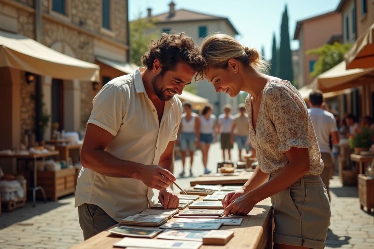 Couple examinant des objets de collection et négociant lors d'un vide grenier en Alpes Maritimes