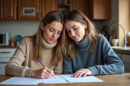 Couple d'adultes remplissant des papiers à la maison