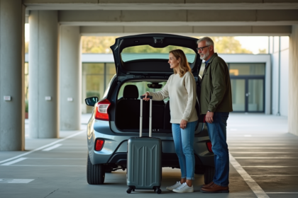 Couple déchargeant une valise dans un parking moderne à Nantes